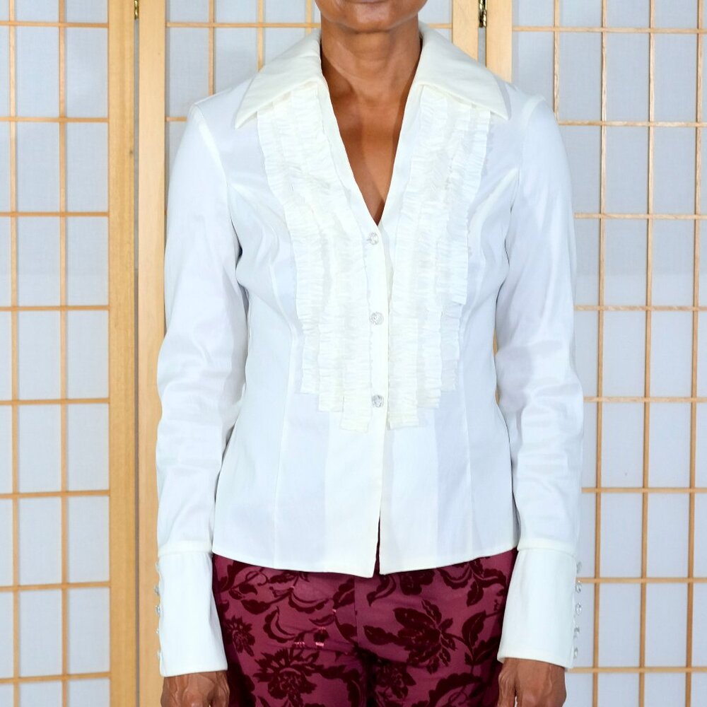 Cache Cream Ruffle Front Blouse With Cuffs And Rh… - image 1